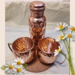 copper bottle with two copper mugs, brand-ONEarth available on Souls of India