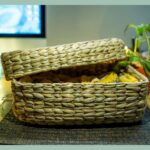 Fruit basket with lid made of kauna grass water reed, brand- ONEarth, available on Souls of India